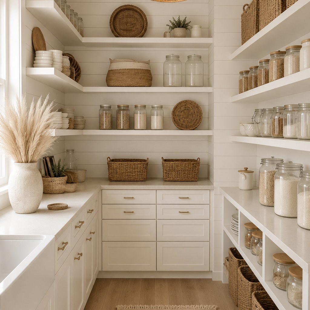 Custom white pantry with open shelving, glass canisters, and brass hardware by Cap City Closets